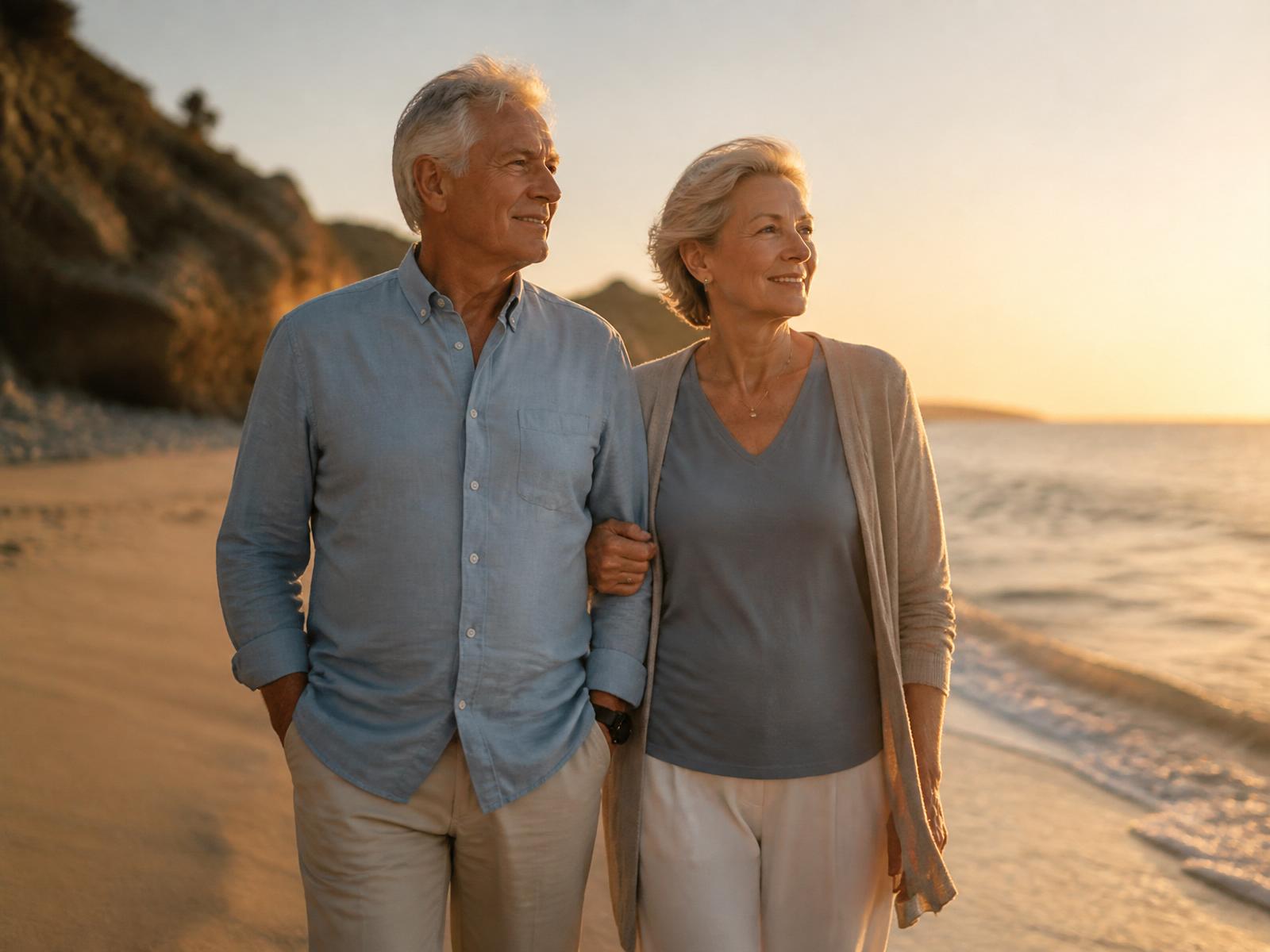 A retired couple walking together at sunset, reflecting the calm of protected, guaranteed retirement income
